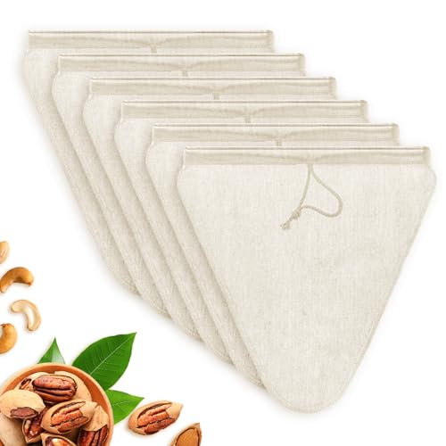 6 Stück Nussmilchbeutel Natürliche Hanf Filterbeutel Nussmilchbeutel Bio Waschbar 28 x 30cm Passiertuch Wiederverwendbar mit Kordelzug für Nussmilch/Hausgemachten Käse/Obstsaft/Kaffee - Dreiecksform