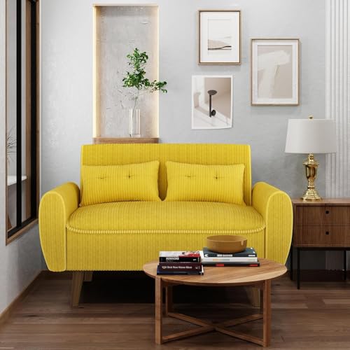 Image of Shintenchi 48'' Loveseat Sofa, Mid-Century Modern Upholstered Couch Deep Seat with 2 Pillows, 10 inch Thick Cushion with Spring, Solid Wood Frame Small Couch for Living Room, Dorms & Office, Yellow