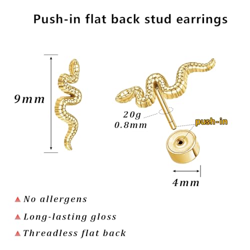 Hypoallergenic 14k Gold Plated Snake Flat Back Earrings for Women-316L Stainless Steel Push-in Design Tiny Stud Earrings Can Be Used for Cartilage/Tragus/Helix Multiple Piercing Jewelry2