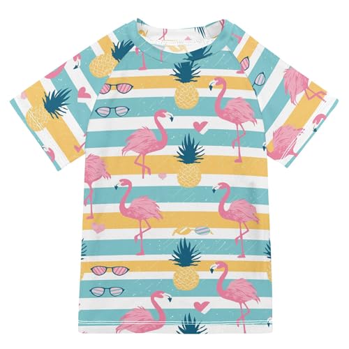 Flamingoes Pineapples Stripes Bathing Suit Kids Short Sleeves Basketball Tshirt Swimwear Beach Tops 3T