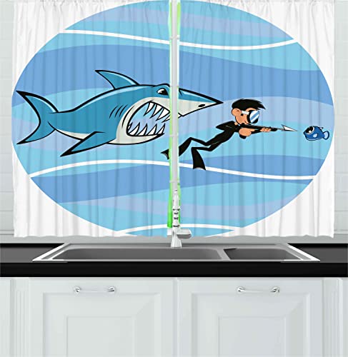Ambesonne Fun Long Kitchen Curtains, Angry Toothy Shark Chasing a Diver Aquatic Wild Animal Cartoon Underwater Life, 2 Panel Set Drapes with Rod Pocket Room Decor, 55