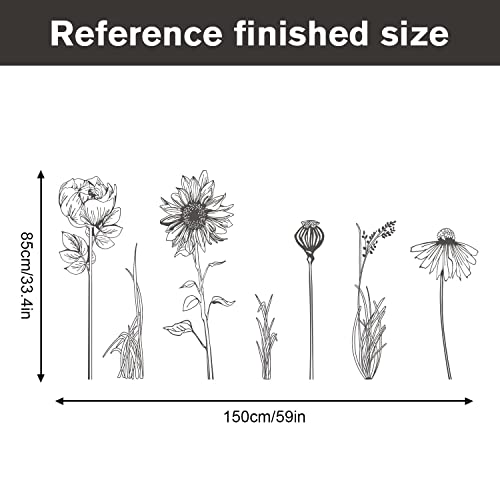 Black Simple Flower Plant Wall Decals, 2 Sheets Large Boho Floral Modern Wall Stickers Peel Stick Sketch Wildflower Wallpaper Art Decor for Bedroom Living Room Office Gifts for Mom(11.8x35.4 in/Sheet)
