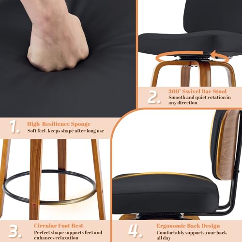 Image of Counter Height Bar Stools Set of 1, 26+inch Swivel Faux Leather Barstool with Back, Upholstered Mid-Century Modern Bar Chairs with Bent Wood Legs for Kitchen Counter, Dining Room, Black