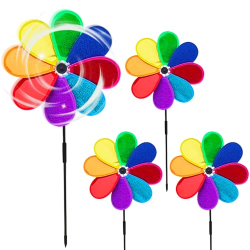 Lot de 4 moulins à vent en forme de fleur, 30 cm, arc-en-ciel, scintillants, anti-pigeons, pour balcon, jardin, verger, cour, toit