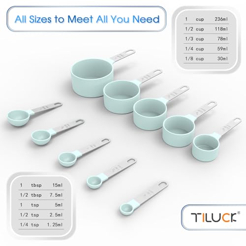 TILUCK Measuring Cups & Spoons Set, Stackable, Nesting, Stainless Steel, Green (5+5, 10pcs)