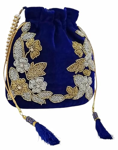 Image of Velvet Potli Bag with Golden & Silver Beaded Flower Embroidery - Handcrafted Ethnic Drawstring Bag for Weddings, Parties & Festive Gifts - Beaded Handle & Tassels for Women