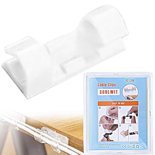 SOULWIT 50 Pcs Self Adhesive Cable Management Clips, Cable Organizers Sticky Wire Clips Cord Holder for TV PC Laptop Ethernet Cable Desktop Home Office (White)