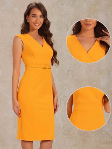 Image of Allegra K Business Dress for Women's Pencil Sheath Work Dress | V Neck Knee-Length Sleeveless Dress With Belted