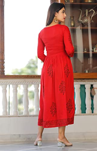 Image of TARANJAL Women's Rayon Anarkali Hand Block Printed Kurti