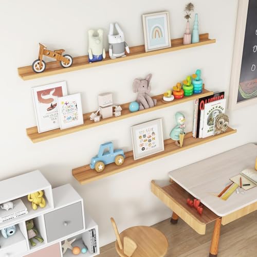 Image of Genuine Decor 56 Inch Natural Wood Wall Mounted Shelf, Long Display Shelf