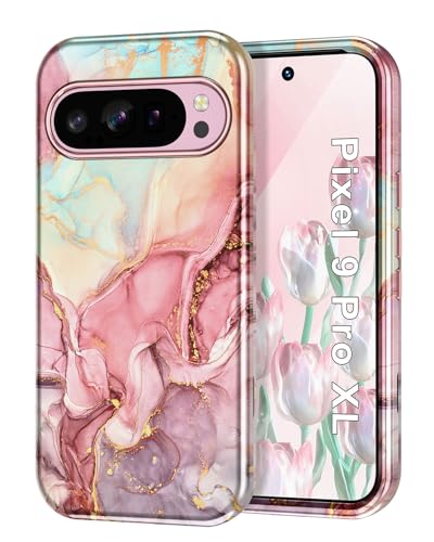 Btscase for Google Pixel 9 Pro XL Case 2024 [Military Grade Shockproof] Stylish Marble Pattern Slim Protective 3 Layers Hard PC+Soft Silicone Rugged Women Men Anti-Scratch Cover, Rose Gold