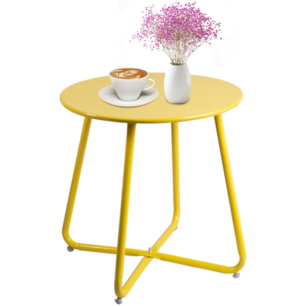 SEBORIO Side Table Anti-Rust Metal Outdoor End Table, Small Round Tables for Garden Balcony Yard, Yellow