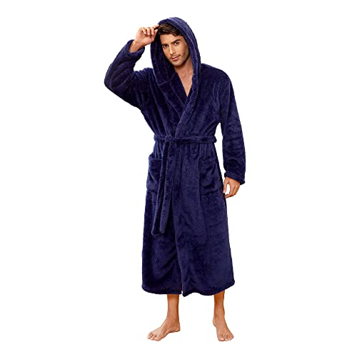 VULCANODON Mens Robe Big and Tall with Hood,Full Length Plush Robe for Men Long Fleece Bathrobe(NAVY, L/XL)
