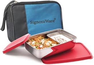 Signoraware Compact Stainless Steel Big Lunch Box with Bag | Two Compartment Tiffin | Airtight & Leakproof | Useful for Travelling & Outdoors | Best for Office & School Use (850Ml + 150Ml | Red)