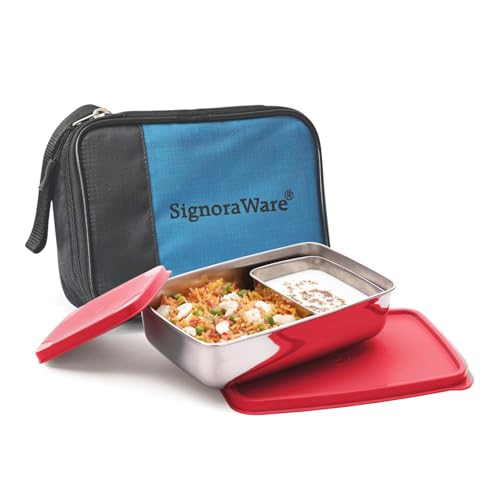 Signoraware Compact Stainless Steel Big Lunch Box with Bag | Two Compartment Tiffin | Airtight & Leakproof | Useful for Travelling & Outdoors | Best for Office & School Use (850Ml + 150Ml | Red)
