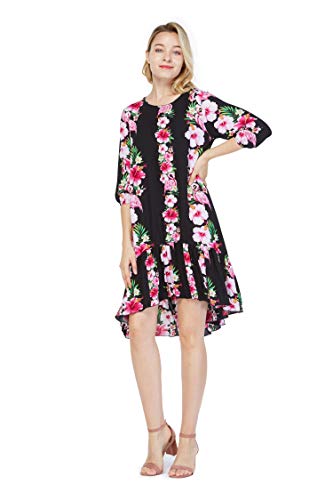 Matching Hawaiian Luau Mother Daughter 3/4 Sleeve Mermaid Ruffle Dress in Pink Black Hibiscus Vine3