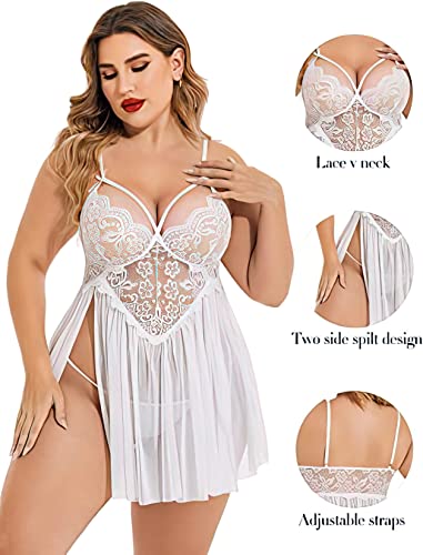 Image of Beautiful Creations Womens Plus Size Lace Floral Knee Length Babydoll Nightwear Set with G-String Panty