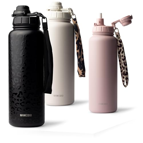 MAMEIDO Botella Termica con Pajita 500 ml, Botella Agua Acero Inoxidable, Botella Agua Gimnasio sin BPA, Cantimplora estanca, Termo con Correa de Transporte, Water Bottle (Femme Fatale)