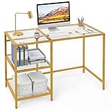 COSTWAY Modern Computer Desk, Tempered Glass Study Table Writing Workstation with Storage Shelves, Metal Frame Working Desk Console Table for Home Bedroom Living Room (Gold, 106 x 51 x 77cm)