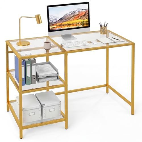 Image of COSTWAY Modern Computer Desk, Tempered Glass Study Table Writing Workstation with Storage Shelves, Metal Frame Working Desk Console Table for Home Bedroom Living Room (Gold, 106 x 51 x 77cm)