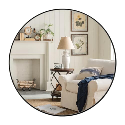 Image of ANDY STAR Round Bathroom Mirror, Round Black Mirror 32 inch, Matte Black Circle Mirror with Anti-Rust Stainless Steel Metal Frame, Modern Vanity Mirror Wall Mount, Easy to Install