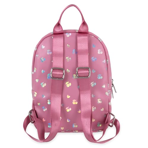 Image of Jessica Simpson Women's Mini Backpack, 10 Inch Vinyl Handbag Purse with Plush Keychain for Travel, Commute, Party, Festival (Pink Metallic Hearts & Cherries)