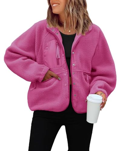 PQCHAOQ Teddy-Fleece-Jacke für Damen, atmungsaktiv, langärmelig, Sherpa-Jacke, Sweatshirts, Outdoor-Sport, leicht, warm, durchgehender Reißverschluss, Mantel mit Taschen, hot pink, L