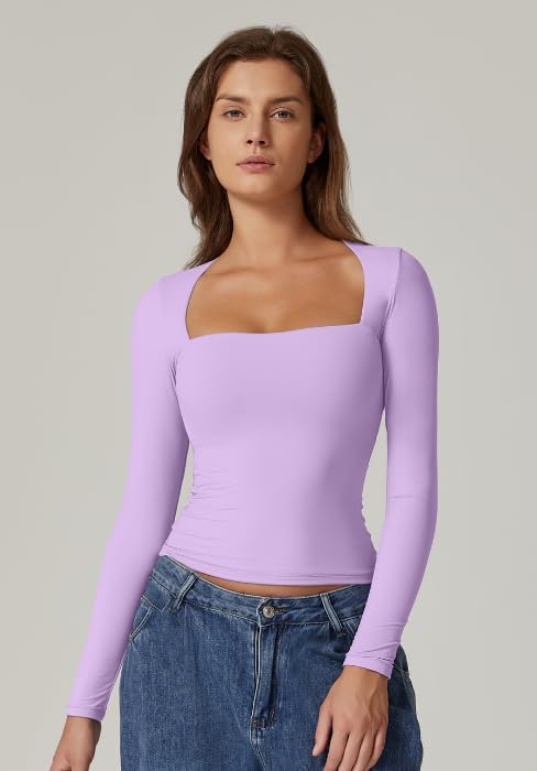 QINSEN Women's Sexy Square Neck Shirt Long Sleeve Double Lined Tees Fitted Going Out Tops - Image 4