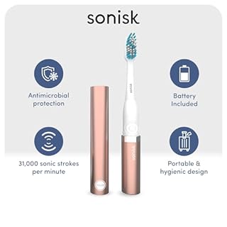 Sonisk Pulse | Battery Powered Electric Toothbrush | Portable Travel Size with Antimicrobial Sonic Technology | 1x Battery, 2X Brush Heads, 1x Travel Case Included (Rose Gold)