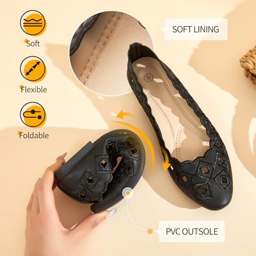 Women's Ballet Flats Shoes with Breathable Eyelet,Black and White Dress Shoes for Women,Soft Memoery Foam Flats for Women3