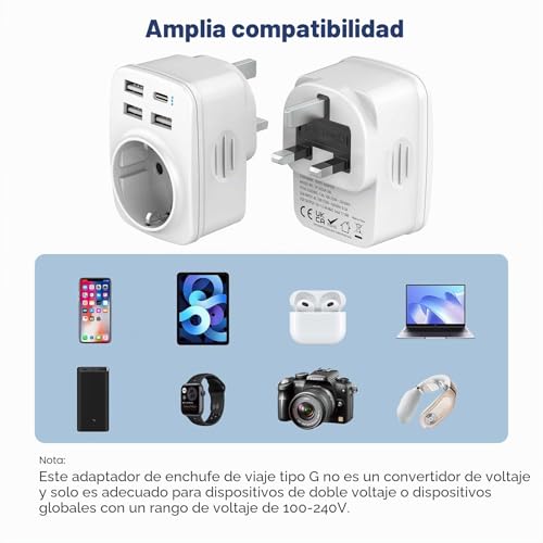 Miniatura 4 de Hoppac Adaptador Enchufe Uk A Español 5 En 1 - Con 3usb A Y 1usb C, Multifuncional De Viaje - Para Uk, Singapur, Dubai, Tipo G