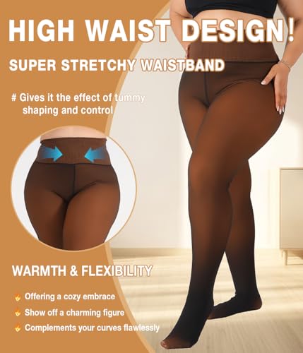 Image of MERYLURE High Waist Fleece Lined Tights Women Plus Size, Fake Translucent Winter Warm Pantyhose Thick Thermal Leggings