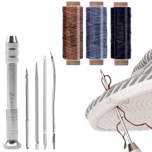 Image of Jasol Leather Sewing Awl Kit with 5 Needles, 1mm Waxed Thread (3 Colors), Heavy Duty Awl for Leather, Canvas, Shoe Repair, DIY Craft, Upholstery Stitching Tool