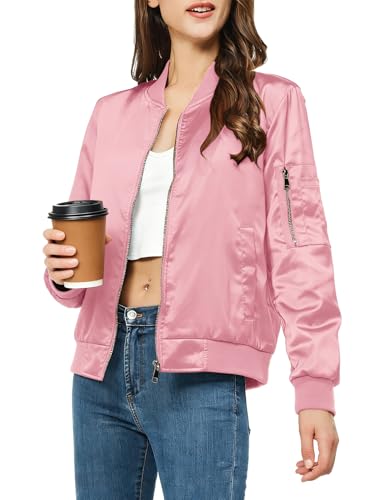 Rasujie Satin Bomber Jacket Women Zip Up Varsity Jacket Fall Windbreaker Outerwear with Pockets Pure Pink Medium
