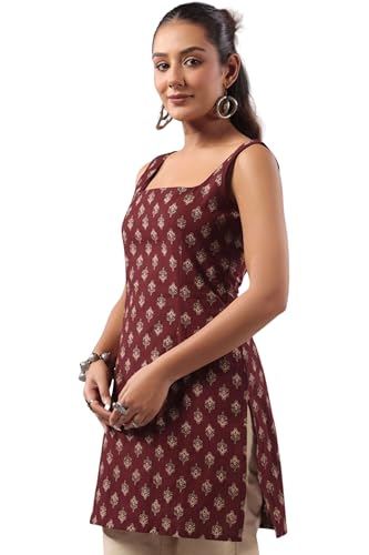 Image of Rimeline Women's Printed Cotton Sleeveless Square Neck Kurti Top | Straight Fit Ethnic Casual Tunic