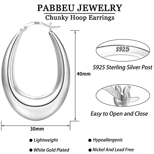 Pabbeu Sterling Silver Hoop Earrings S925 Oval Hoop Earrings Lightweight Silver Thick Hoop Earrings Hypoallergenic Silver Chunky Hoop Earrings Jewelry For Girls Women #TOP1