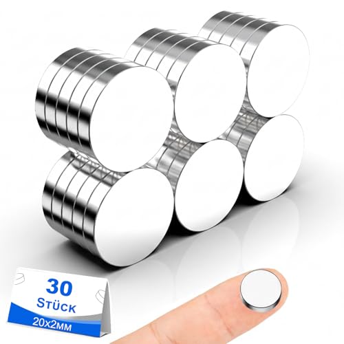 Delaga 30 Stück Magnete Extra Stark 20x2mm, Kleine Magnete Stark für Magnettafel, Mini Magnet Rund, Starke Magnet für Kühlschrank, Whiteboard, Pinnwand, Büro