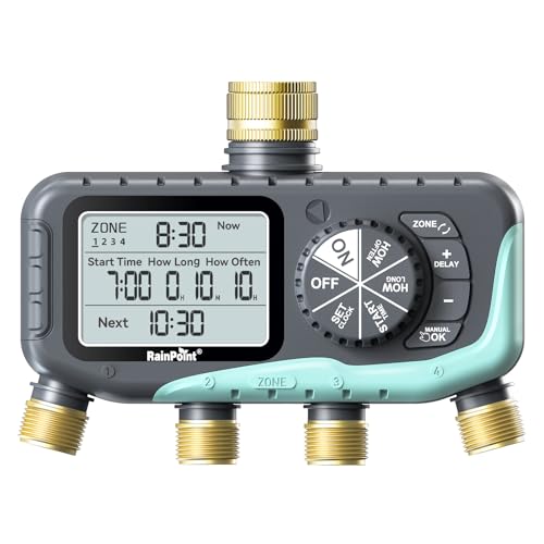 RAINPOINT Bewässerungscomputer 4 Ausgänge, Messing Einlass und Auslass, IP65 Wasserdicht Wasserzeitschaltuhr mit Regenverzögerung/Manueller Bewässerung, Automatische Bewässerung für Rasen und Garten