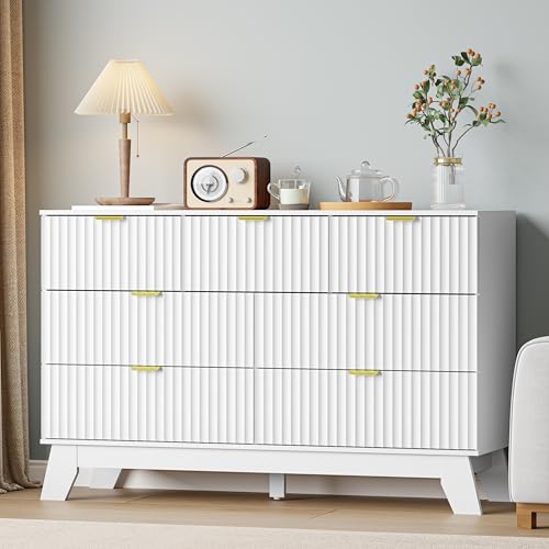 Image of White Dresser 7 Drawer Dresser for Bedroom, 47''W Fluted Wooden Dresser Storage Cabinet and Chest of Drawers with Metal Handle, Storage Organizer for Living Room, Hallway, Entryway