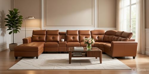 Image of Mishel 12 Seater Sofa Set for Living Room | Sectional U Shaped 12 Seater Sofa with Storage & Cupholder (Tan Leatherette, LHS)