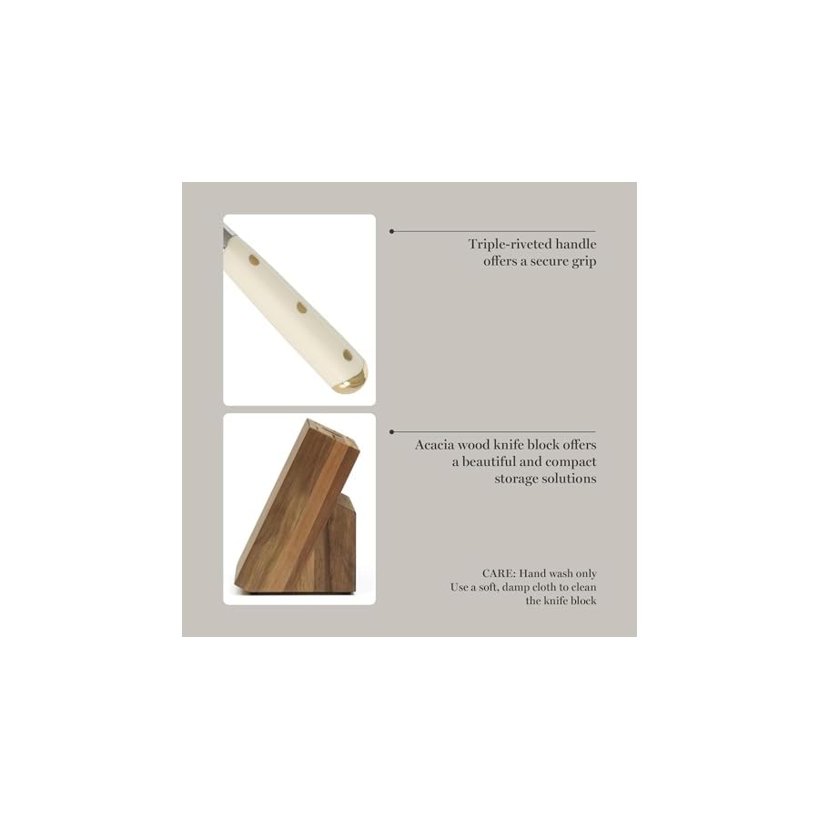 Martha-Stewart-16-Piece-Lockton-High-Carbon-Stainless-Steel-Cutlery-Kitchen-Knife-Block-Set-WABS-Tripe-Riveted-Forged-Handle-Acacia-Wood-Block-Linen-White-WGold Martha Stewart 16 Piece Lockton High Carbon Stainless Steel Cutlery Kitchen Knife Block Set W/ABS Tripe Riveted Forged Handle Acacia Wood Block - Linen White W/Gold