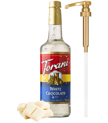 Torani White Chocolate Syrup With Little Squirt Syrup Pump, Glass Bottle 25.4 Ounces #TOP21