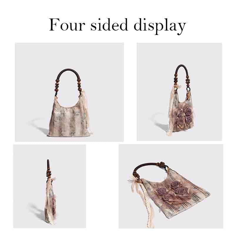 Vintage Chinese style tie dye rose flower bag, pleated armpit bag, commuting tote bag, single shoulder handbag4