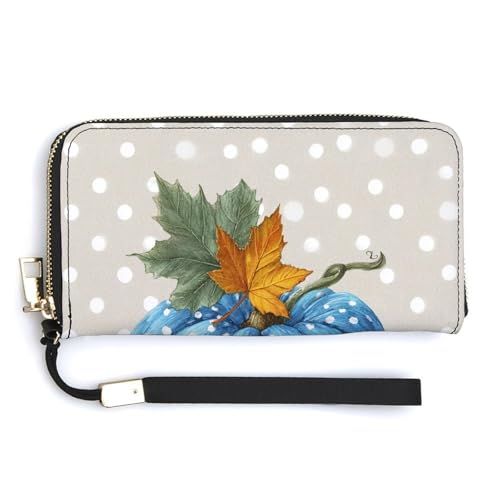 Blue Pumpkin with Autumn Leaf PU Leather Clutch Long Bifold Wallet, Coin Purse Credit Pass Case, Durable Card-Holder Money Storage for Women Men