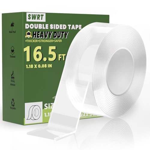 SWRT 0.08 Inch Thick Double Sided Heavy Duty Tape, 1.18 Inch x 16.5 FT Removable Strong Adhesive Nano Tape, No Residue Reusable Mounting Tape, Multipurpose for Home, Office, and DIY Projects