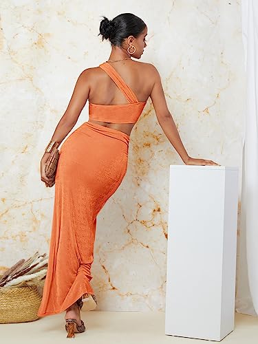Floerns Women's 2 Piece Outfit One Shoulder Crop Top with Split Thigh Skirt Set2