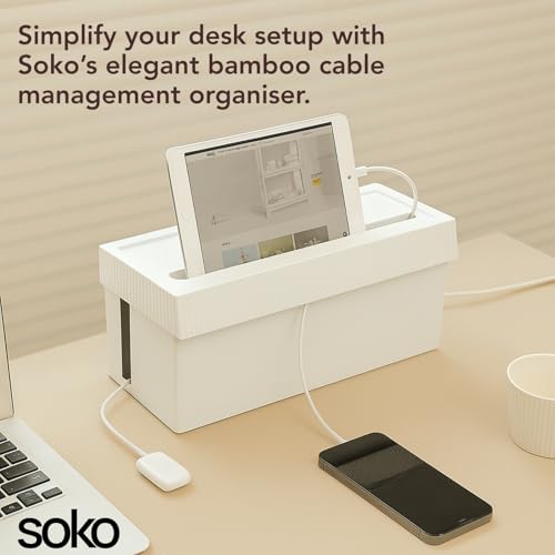 Image of Soko Cable Management Box with Mobile Stand | Cords Hider & Surge Protector | Concealer for Power Strips, Router, Gadget Wires Storage Organizer Tray for Desk, Table - Home, Office - Off-White