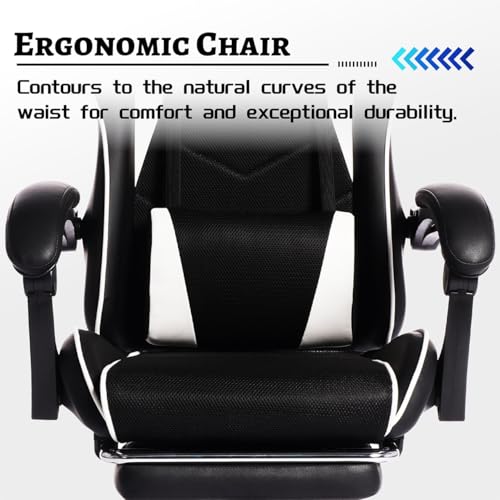 Image of Gaming Desk Chair for Adults, Ergonomic Gaming Chair with Footrest & Headrest and Lumbar Support, Leather Material Height Adjustable Computer Video Game Chairs (White Upgrade)
