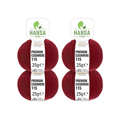 HANSA-FARM 100% Lana de Cachemir Premium en 12 Colores (Suave, no Pica) - Set de 100g (4X 25g) Fingering - Lana Fina de Cachemira para Punto y Ganchillo Rojo Vino