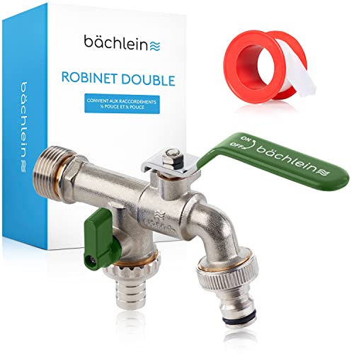Bächlein Robinet Universel Double pour le Jardin Vert - 2 Raccordements de Tuyau, Boisseau Sphérique Raffiné, Raccordement 1/2 et 3/4 Pouces, Sortie pour l'Extérieur